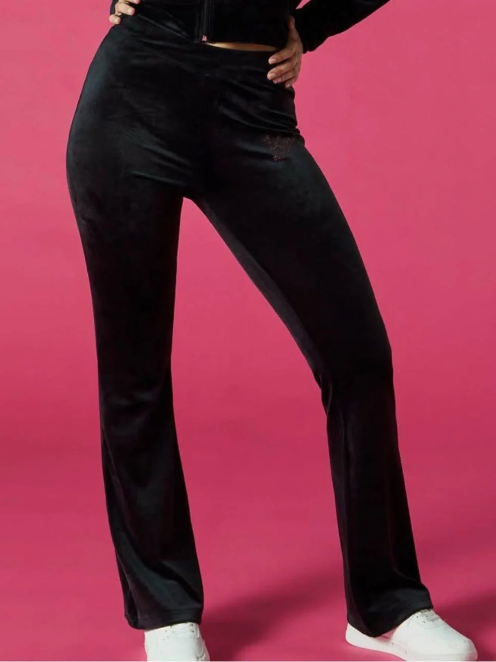 BARBIE 💖 Black Velour Pants with Pink Rhinestone Logo - Picture 4 of 5